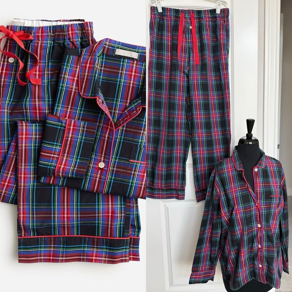 J.CREW Small Cotton Poplin Long Sleeve Pajama Set Black Stewart Tartan Sz Small